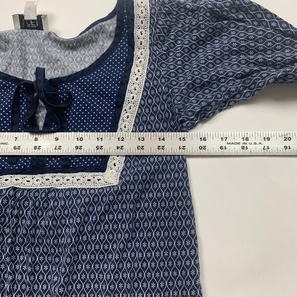 Ann Taylor Loft Womens Navy Printed Top Size S Boho Tie Neck 3/4 Sleeve - Picture 5 of 6